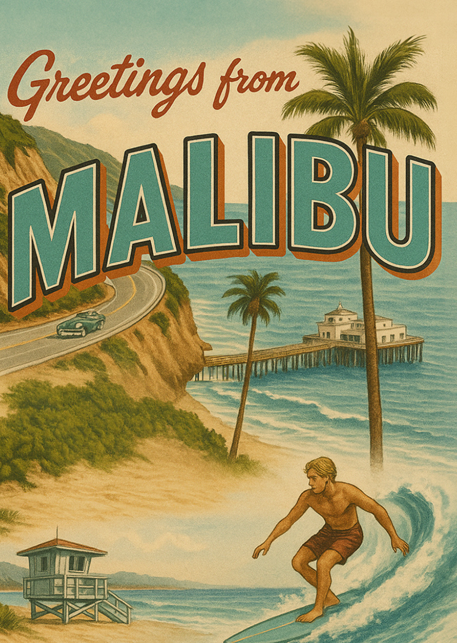 GREETINGS FROM MALIBU VINTAGE SURF MAGNET